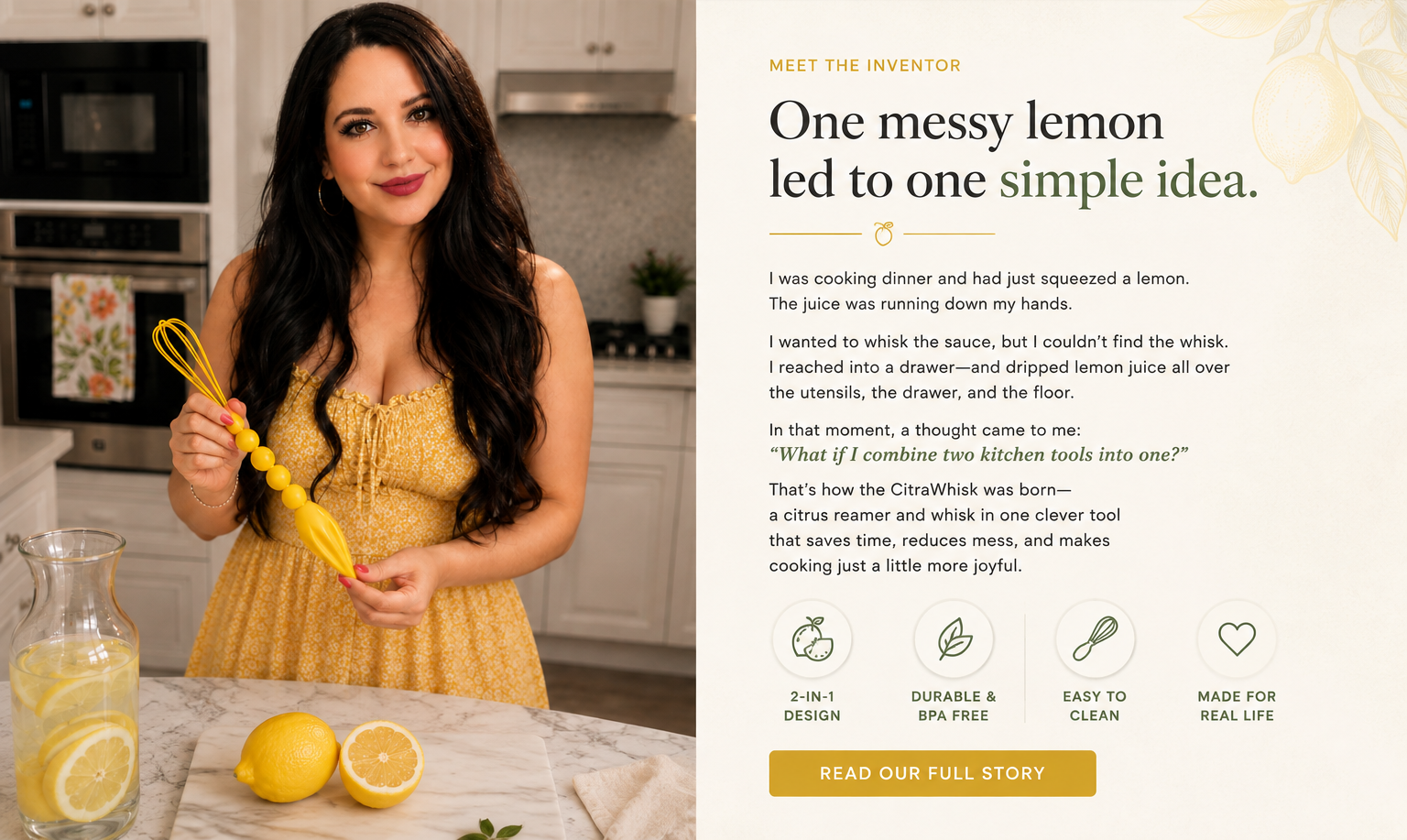 CitraWhisk inventor holding the yellow whisk and reamer tool in a bright kitchen