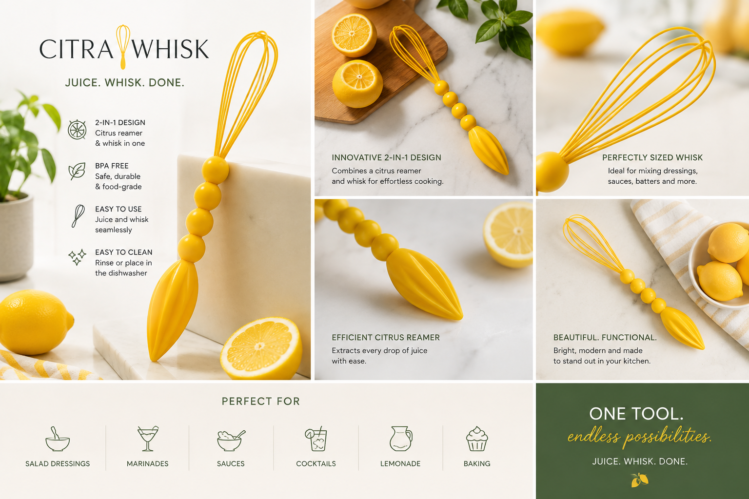 CitraWhisk product collage showing the yellow 2-in-1 whisk and citrus reamer with lemon imagery and feature panels